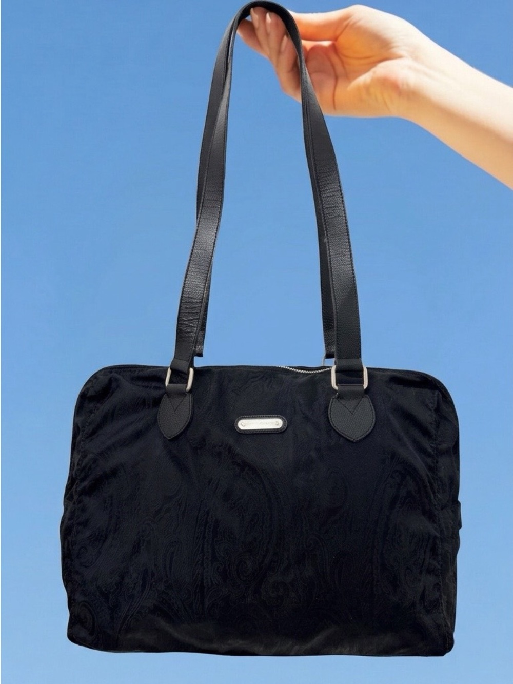 Vintage ETRO Milano Black Nylon Paisley Jacquard Shoulder Bag Tote Leather Trim